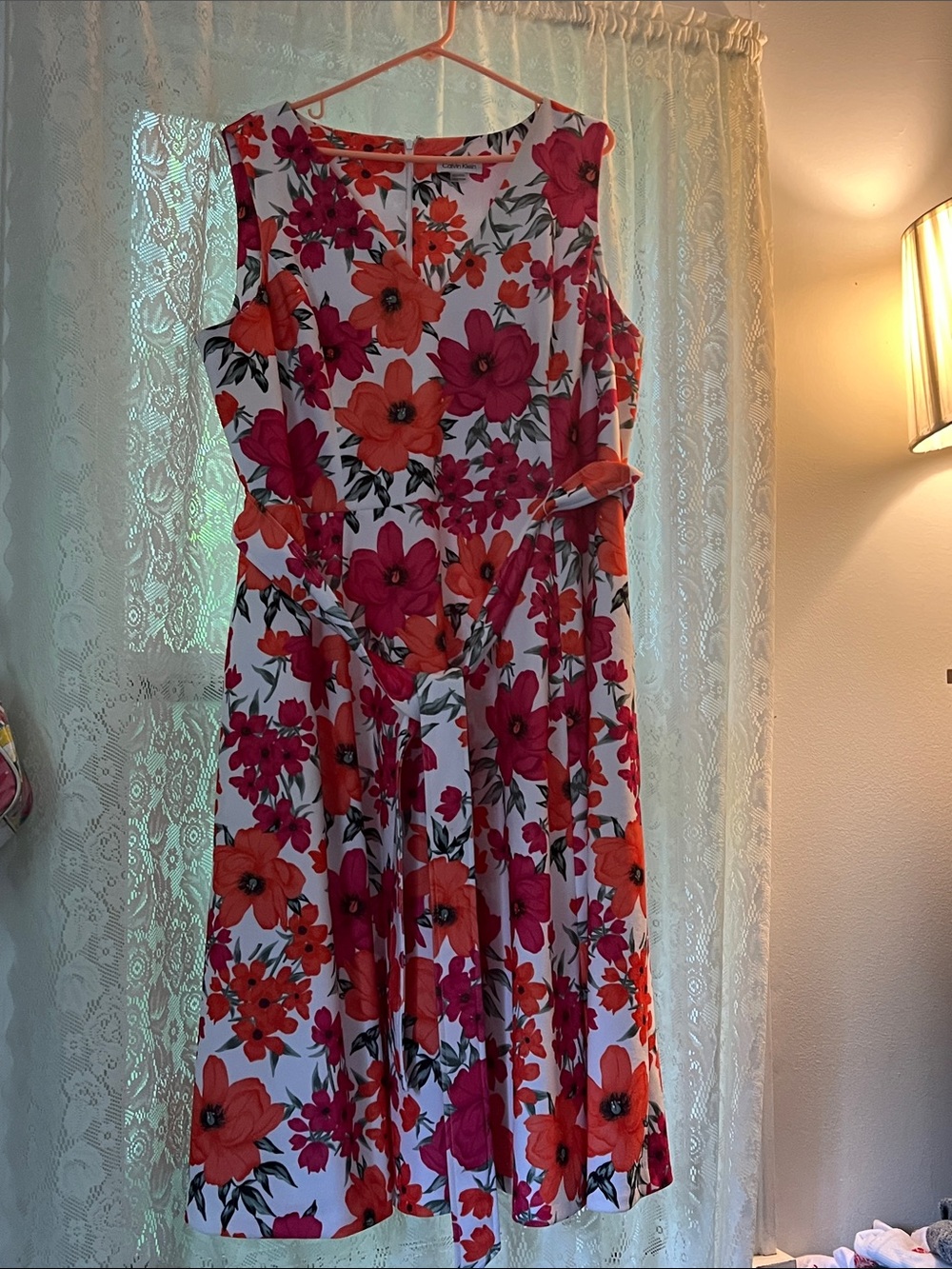 Calvin KleinFloral Sleeveless Fit & Flare Dress in White with Pink-Orange Blooms